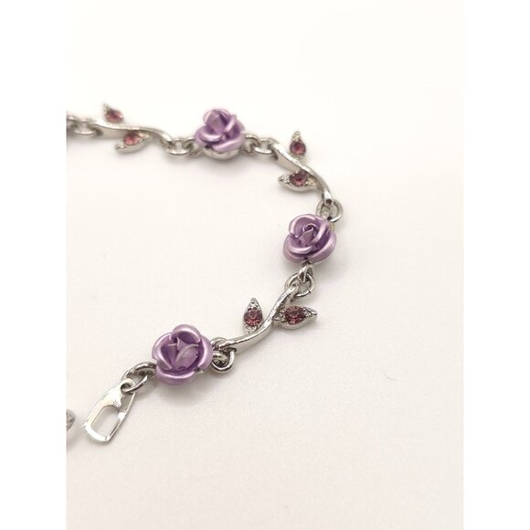 Purple Rose & Crystal Leaf Silver-Tone Bracelet With Lobster Clasp - Picture 4 of 6